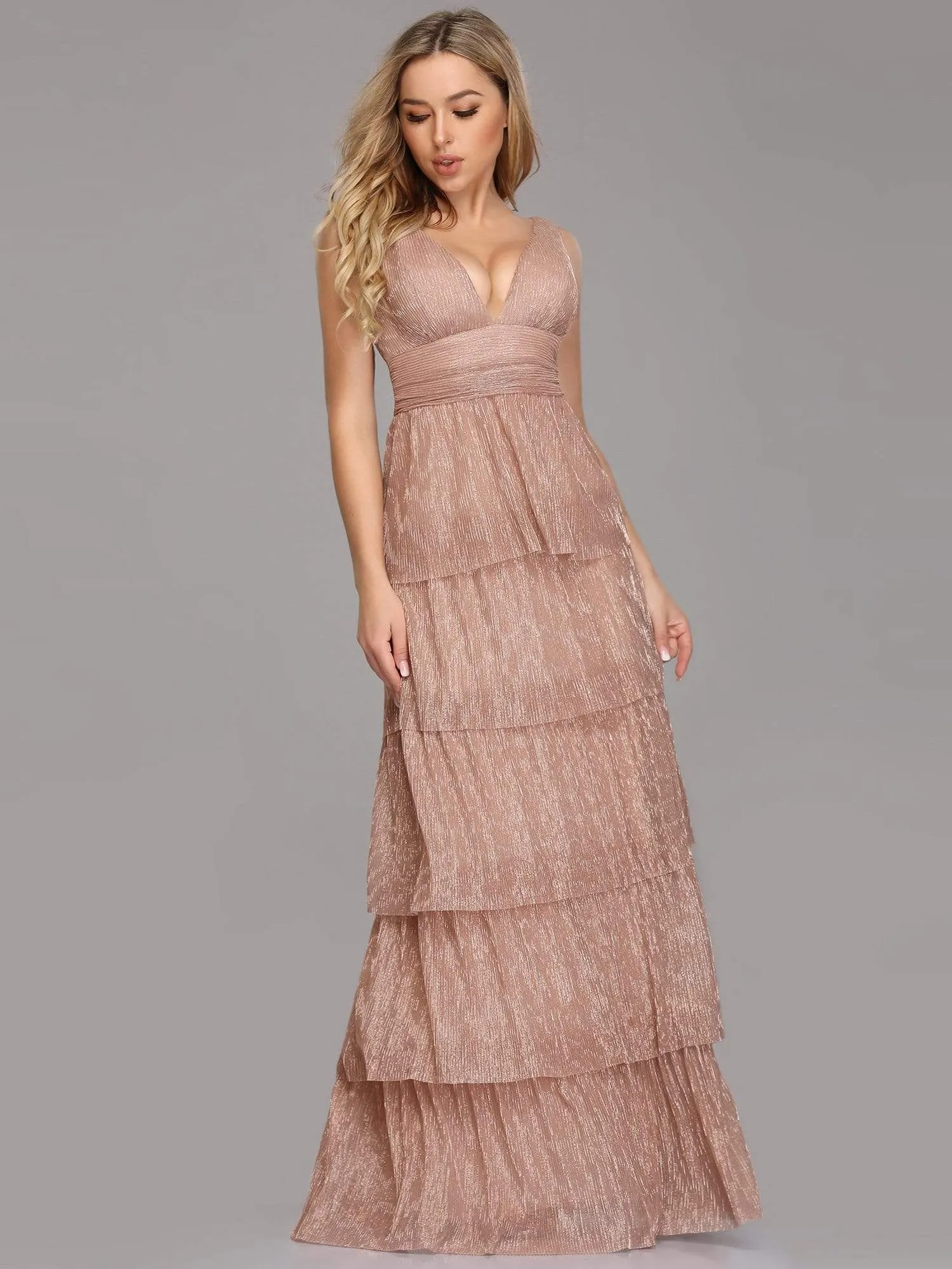 V Neck Shimmery Tiered Evening Dress