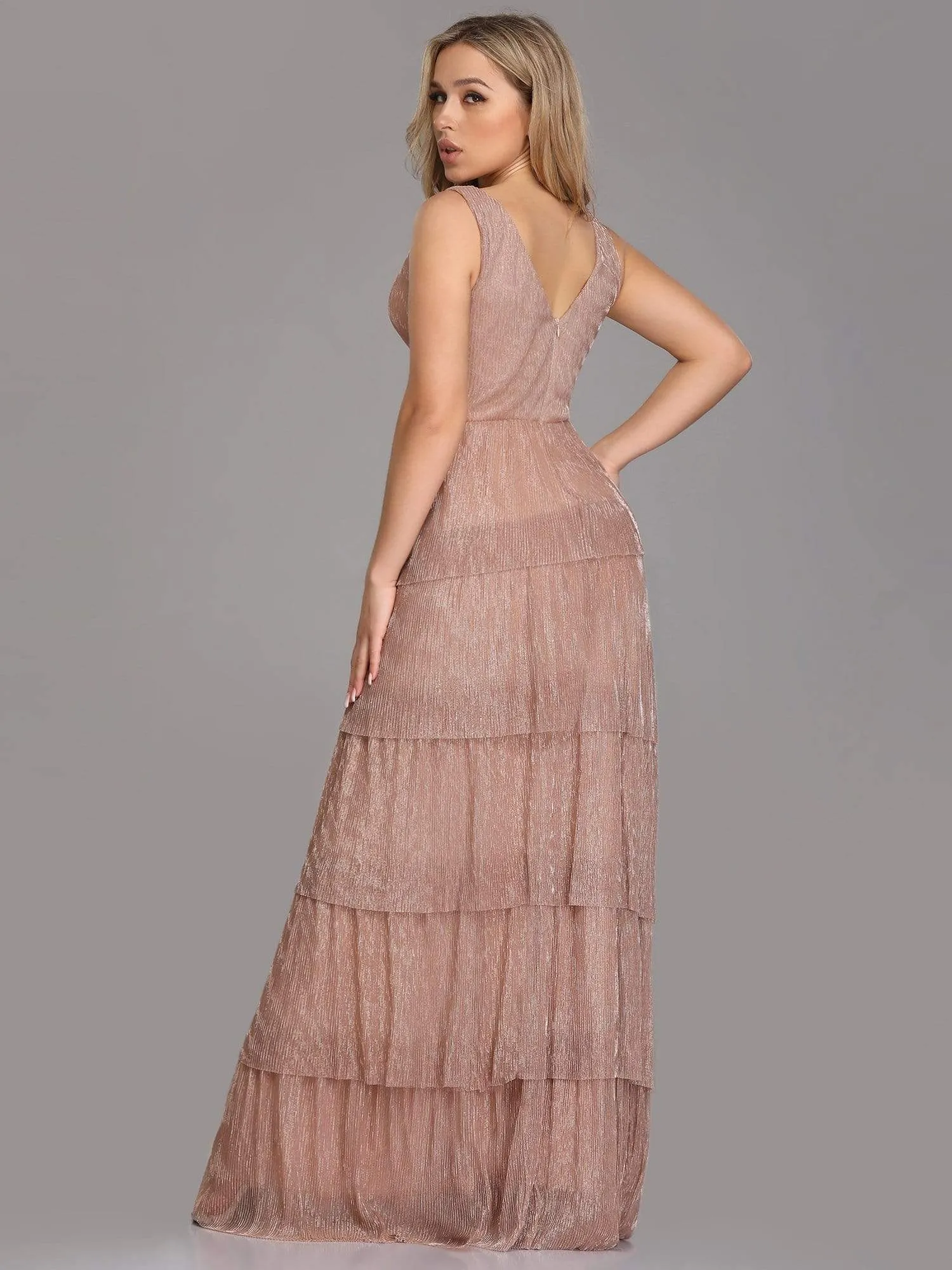 V Neck Shimmery Tiered Evening Dress