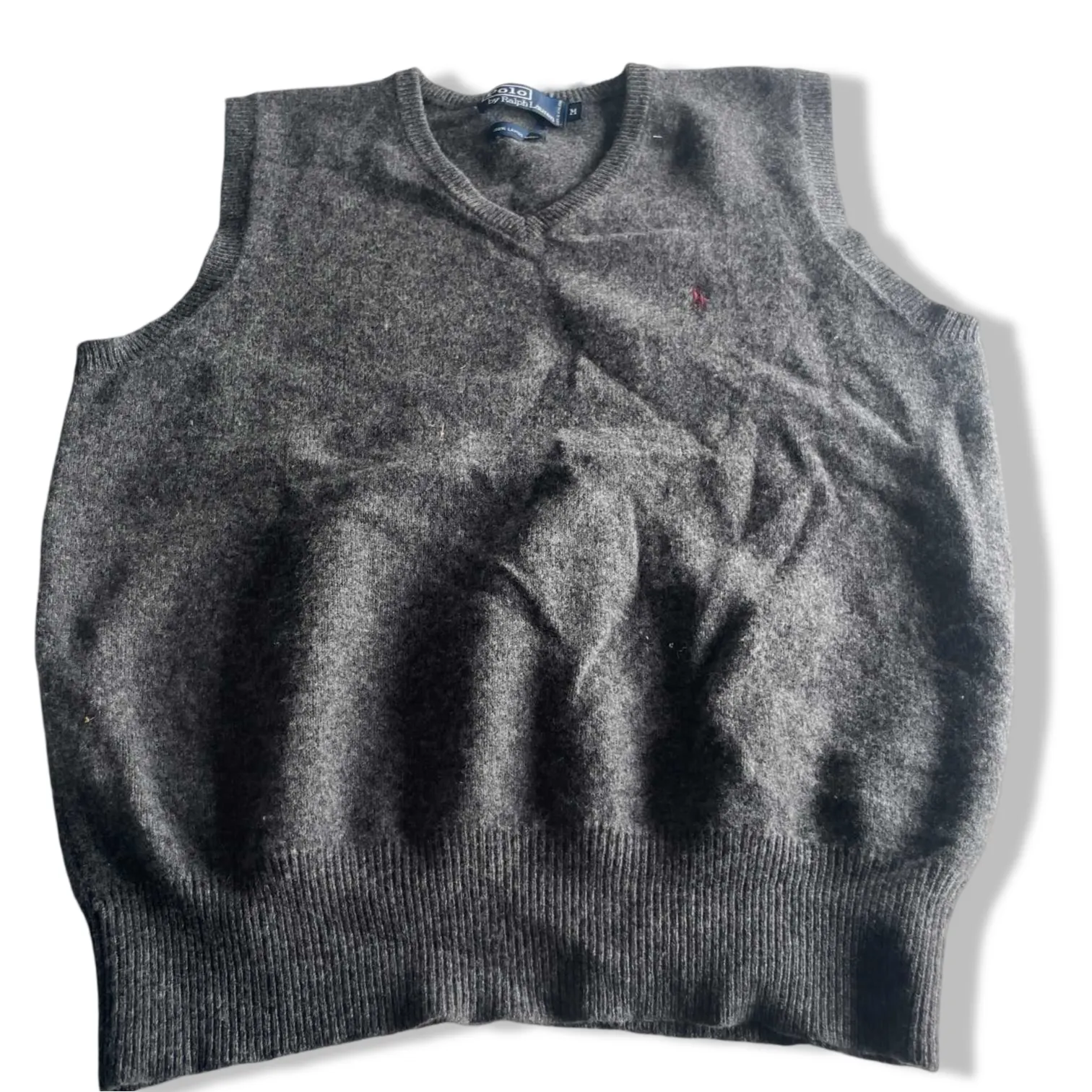 Vintage mens polo ralph lauren 100% Lambs wool grey sleeveless v-neck sweater in M|L 23 W19|SKU 5591